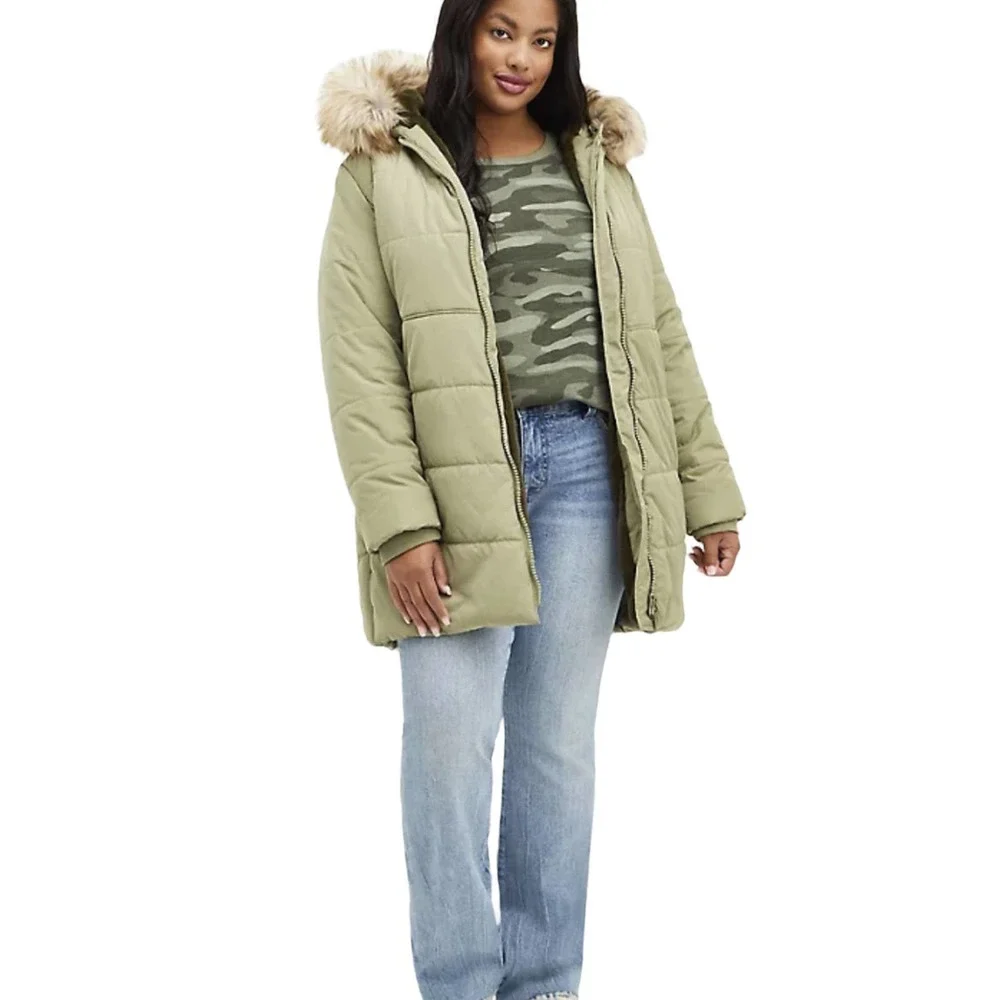Torrid NWT Fit & Flare Puffer Jacket - Twill Olive Green Size 5X Removable Hood - Picture 3 of 10